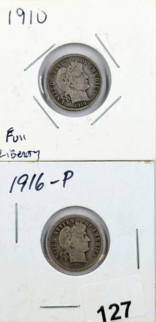 Lot of 2 Silver Barber Dimes - 1910, 1916 (1 of 2)