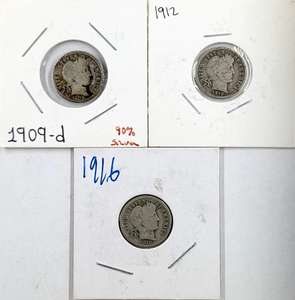Lot of 3 Silver Barber Dimes - 1909-D, 1912, 1916: Silver