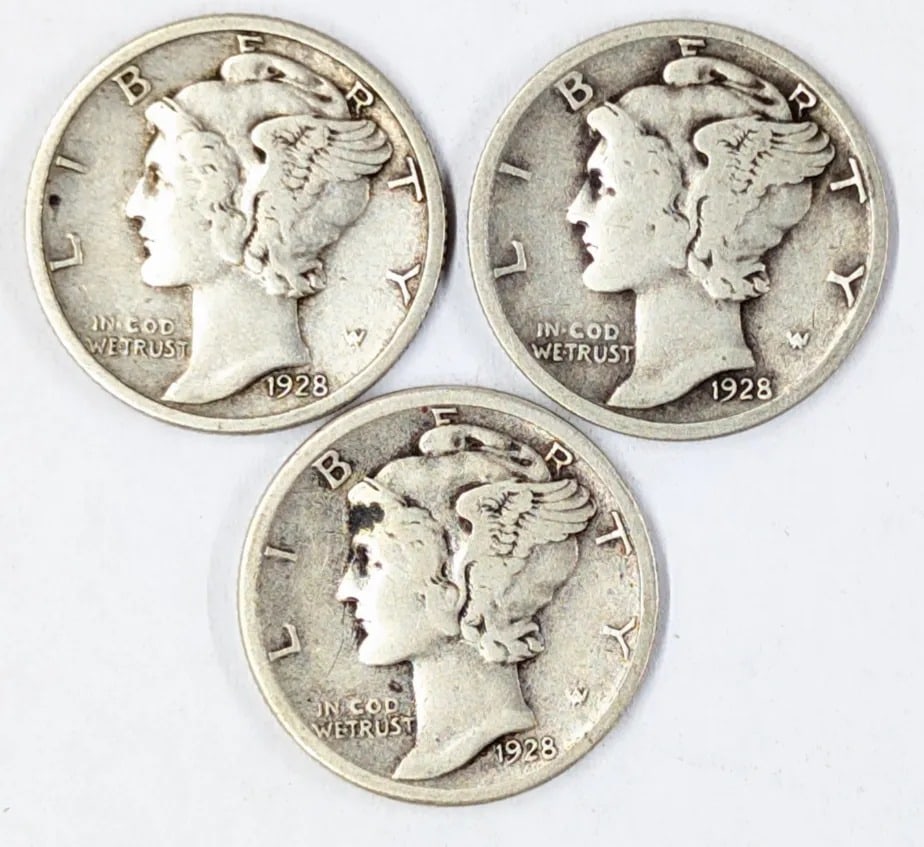 Lot of 3 Silver Mercury Dimes - 1928 P/D/S: Silver