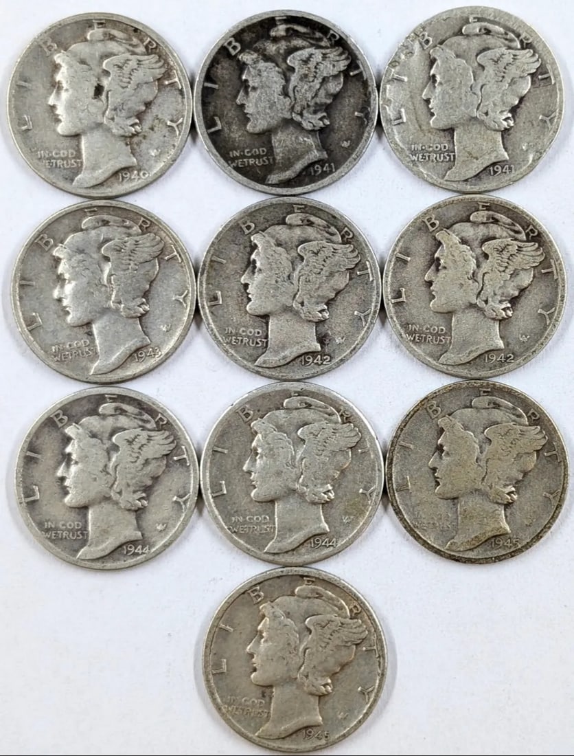 Lot of 10 Silver Mercury Dimes - 1940-1945: Silver