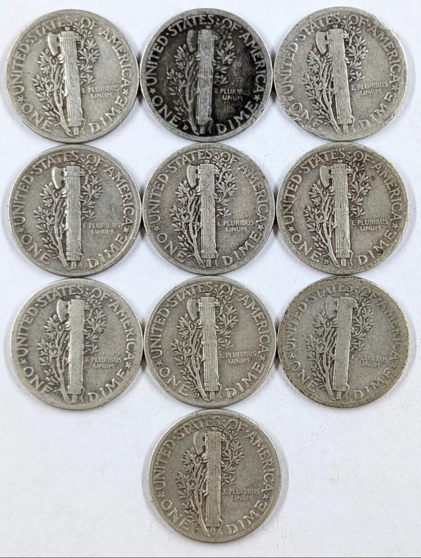 Lot of 10 Silver Mercury Dimes - 1940-1945 - 2