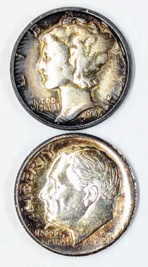 Lot of 2 Toned Silver Dimes - 1945 Mercury, 1964 Roosevelt: Silver