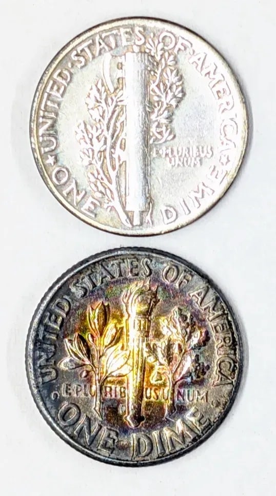 Lot of 2 Toned Silver Dimes - 1945 Mercury, 1964 Roosevelt - 2