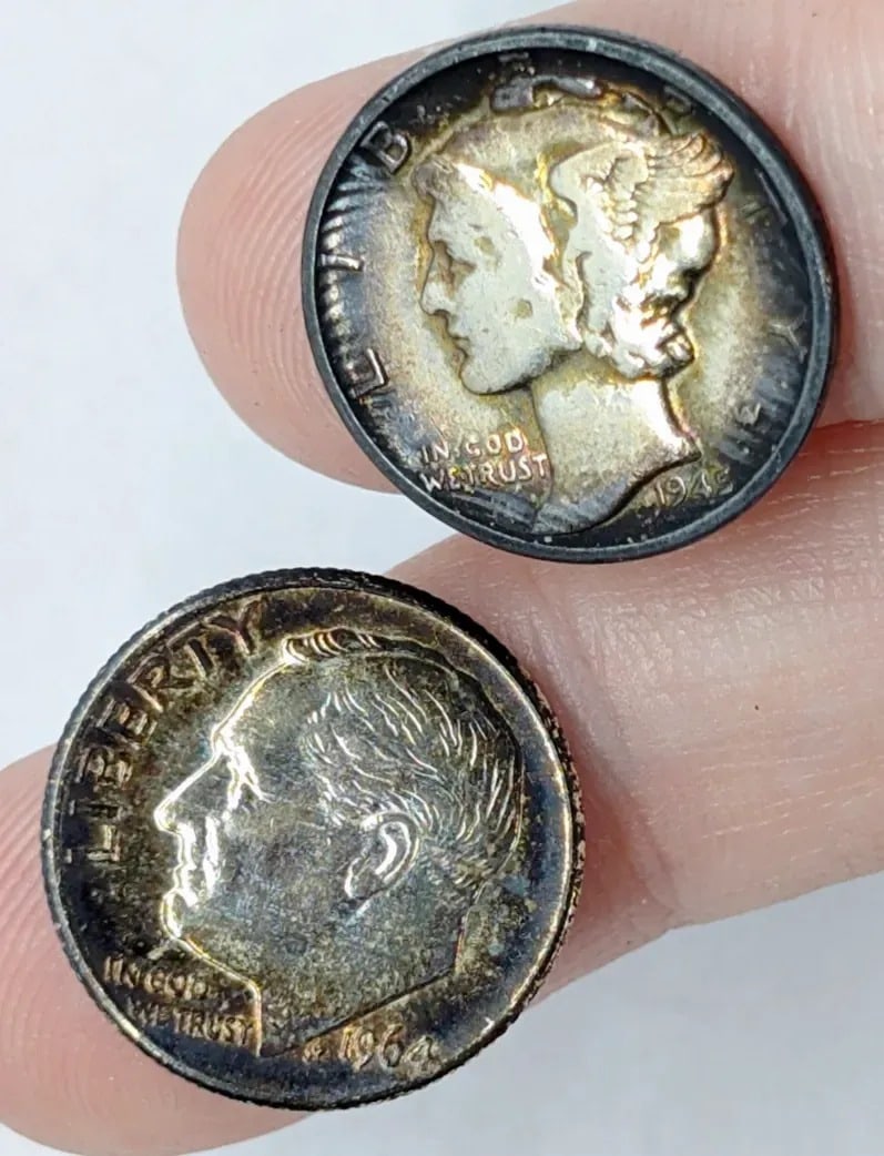 Lot of 2 Toned Silver Dimes - 1945 Mercury, 1964 Roosevelt - 3