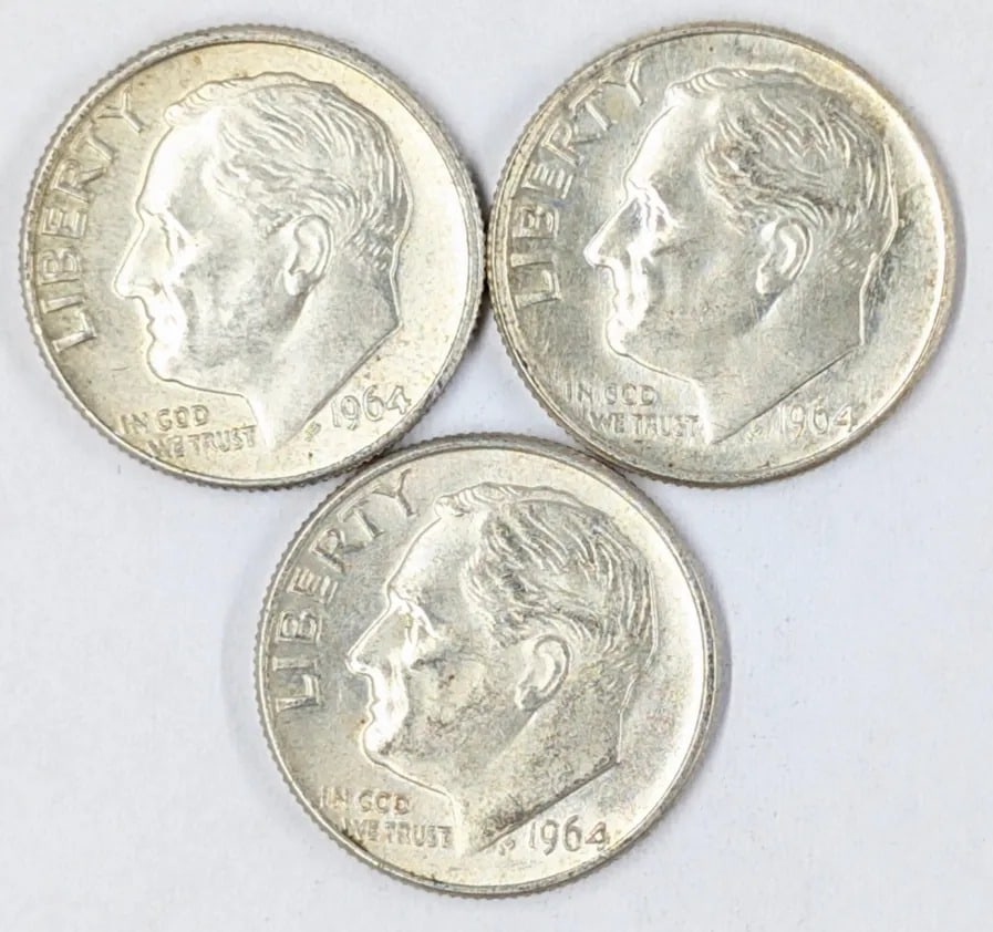 Lot of 3 Uncirculated Silver Roosevelt Dimes - 1964 P/D (1 of 2)
