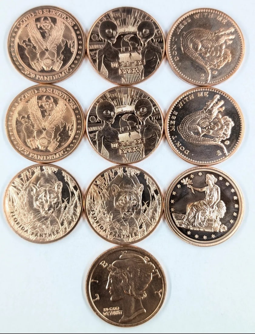 Lot of 10 - 1 Ounce (each) Fine .999 Copper Rounds- Various Designs: _