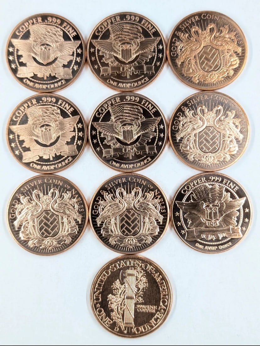 Lot of 10 - 1 Ounce (each) Fine .999 Copper Rounds- Various Designs - 2