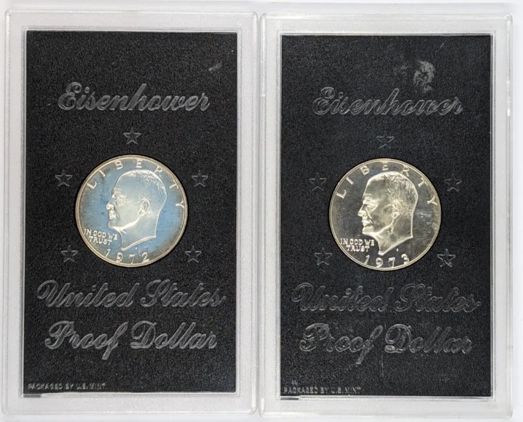 Lot of 2 Eisenhower " Ike" Proof Silver Dollars- 1972-S, 1973-S: Silver