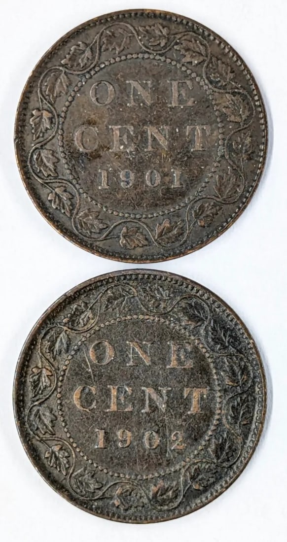 Lot of 2 Canadian Large Cents- 1901, 1902: Coin