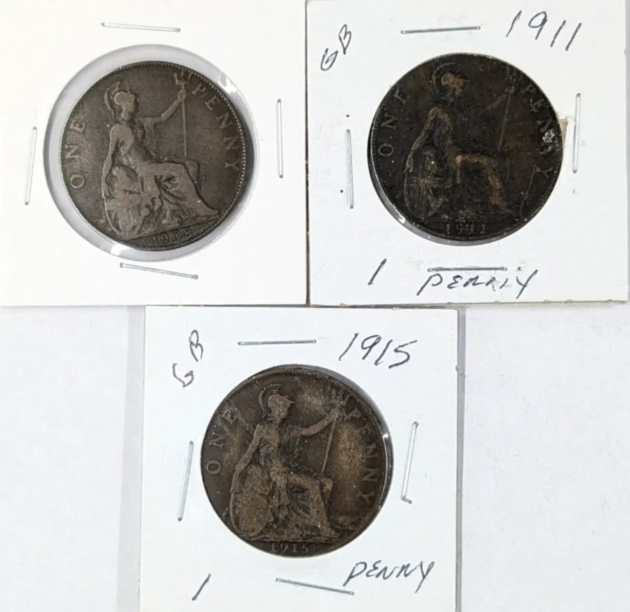 Lot of 3 Great Britain Pennies- 1908, 1911, 1915: Coin
