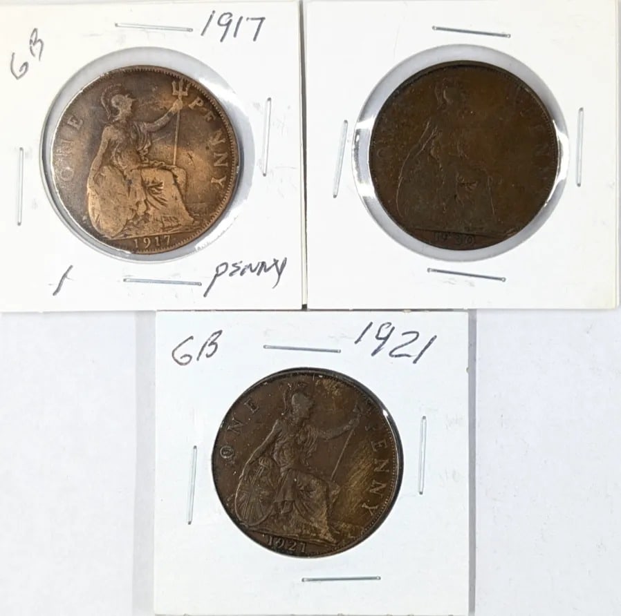 Lot of 3 Great Britain Pennies- 1917, 1920, 1921: Coin