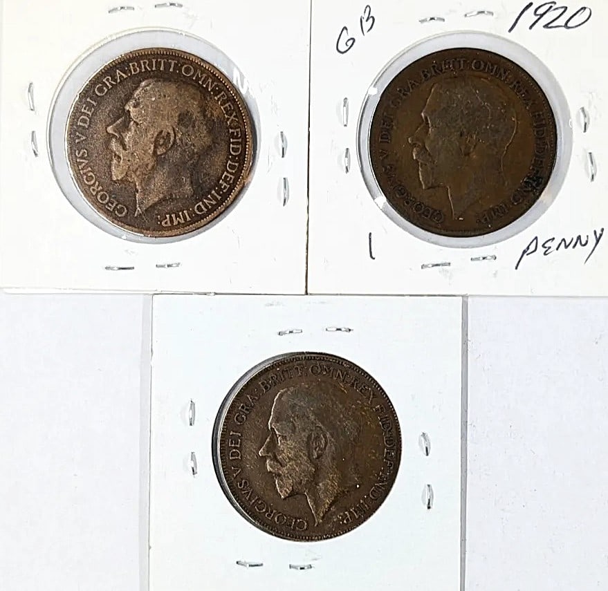 Lot of 3 Great Britain Pennies- 1917, 1920, 1921 - 2