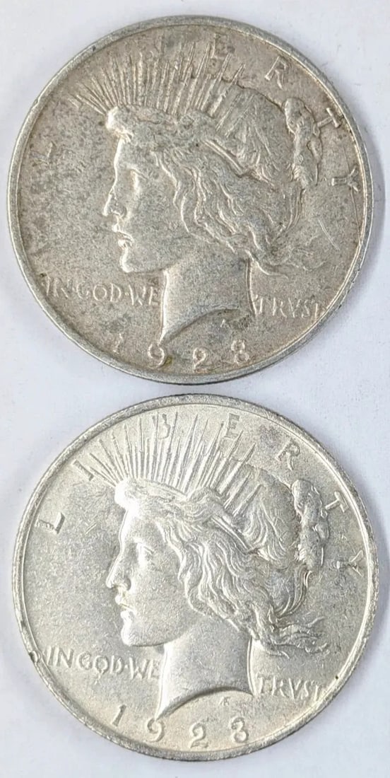 Lot of 2 Silver Peace Dollars- 1923 D/P: Silver