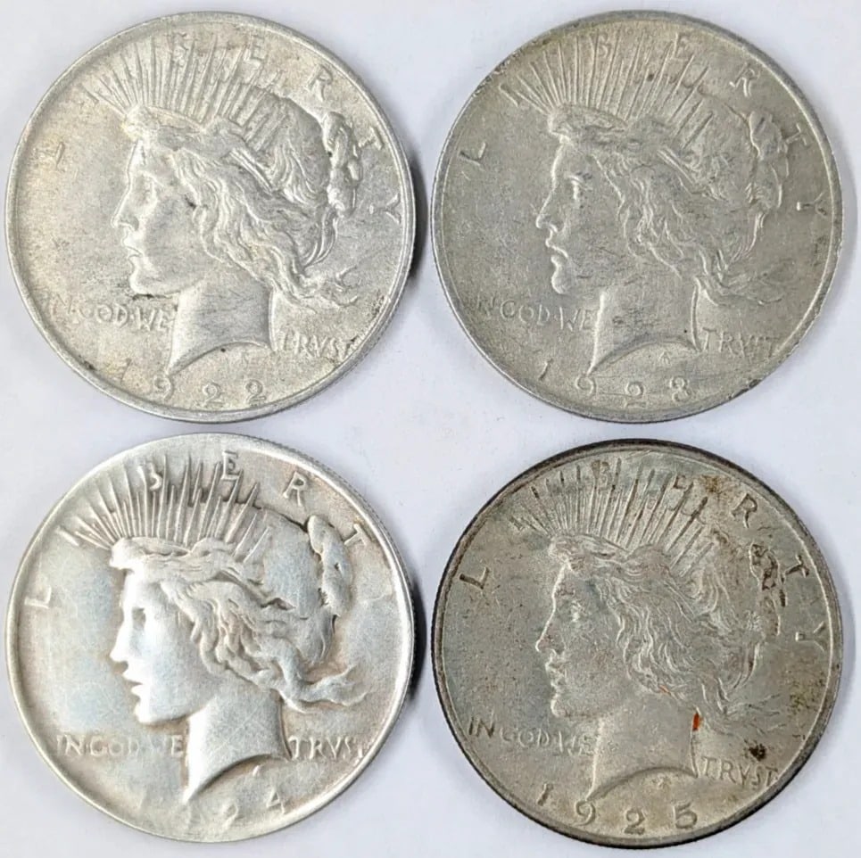 Lot of 4 Silver Peace Dollars- 1922-1925: Silver