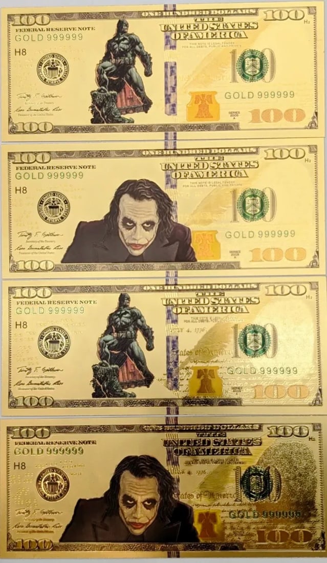 Lot of 4 Batman & Joker Gold foil $100 design: _