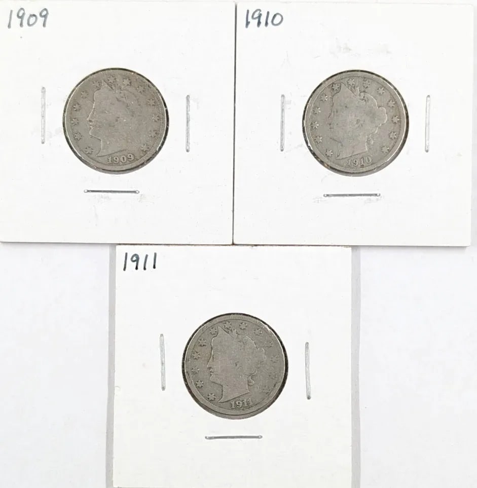 Lot of 3 V Nickels- 1909, 1910, 1911: Coin
