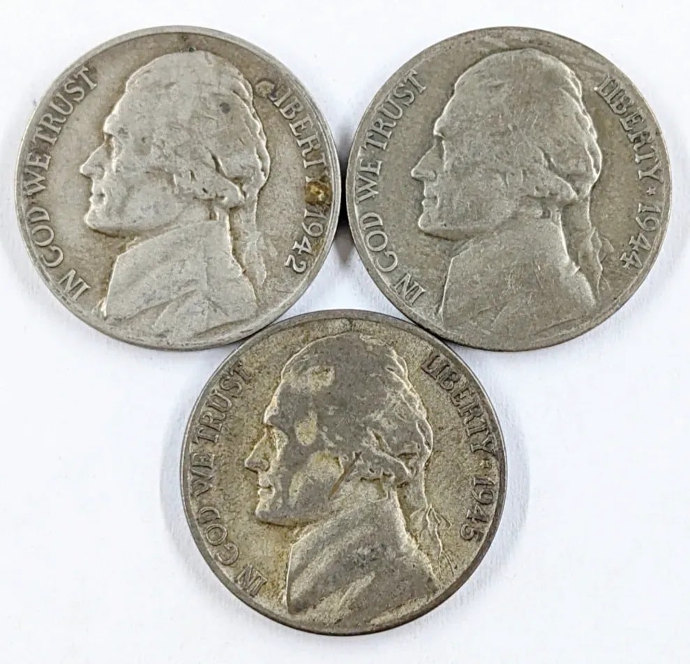 Lot of 3 Silver War Nickels - 1942-S, 1944-S, 1945-S: 35% Silver