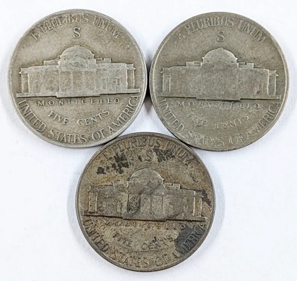 Lot of 3 Silver War Nickels - 1942-S, 1944-S, 1945-S - 2
