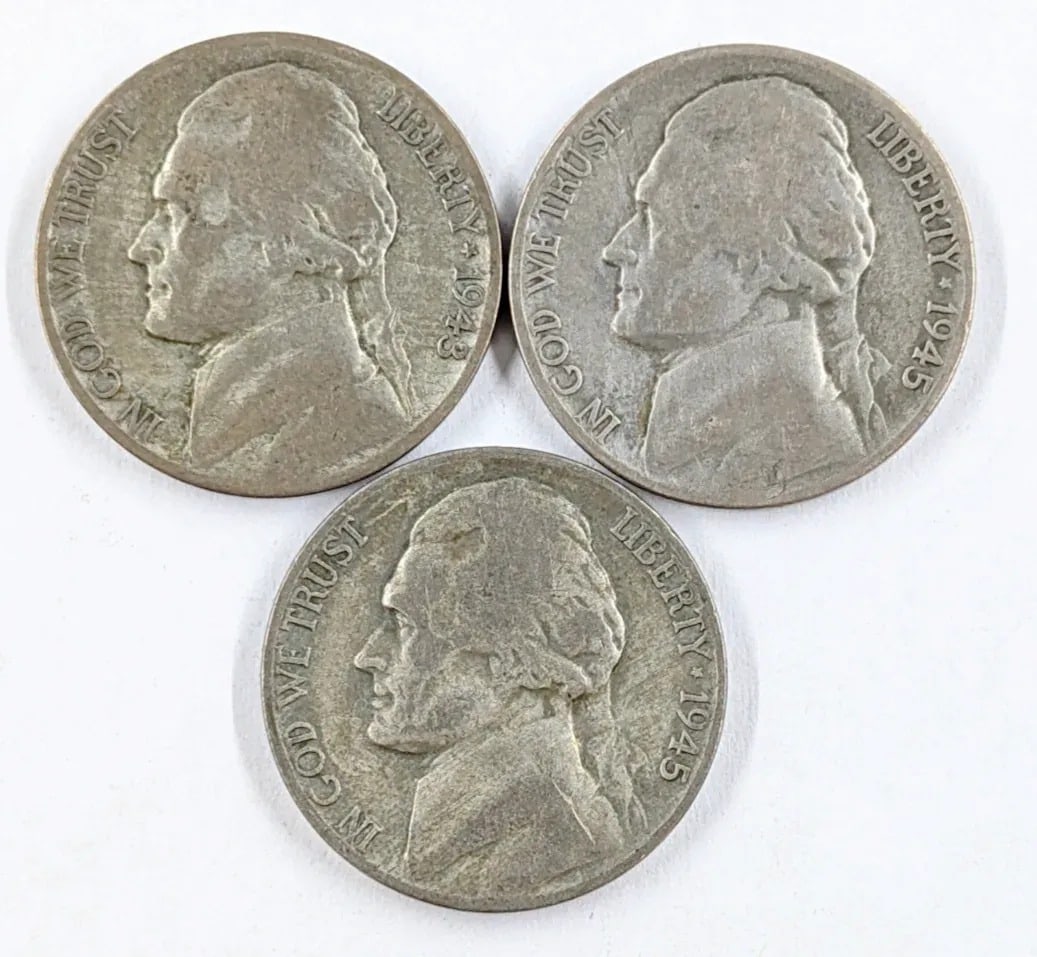 Lot of 3 Silver War Nickels - 1943-S,1945-D (2): 35% Silver