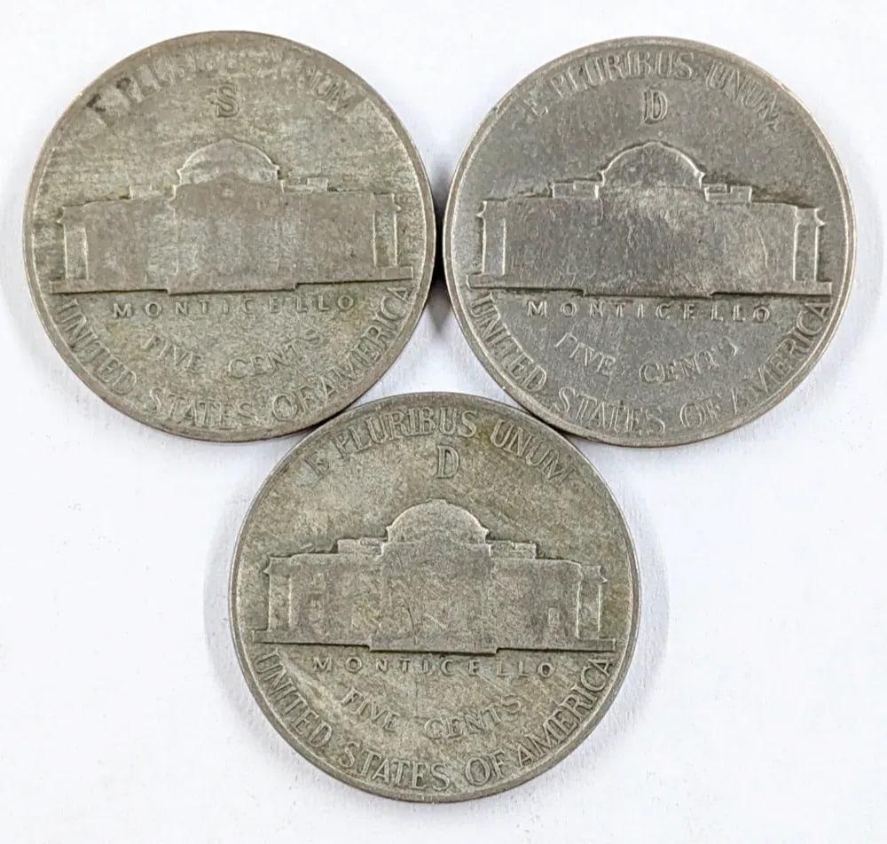 Lot of 3 Silver War Nickels - 1943-S,1945-D (2) - 2