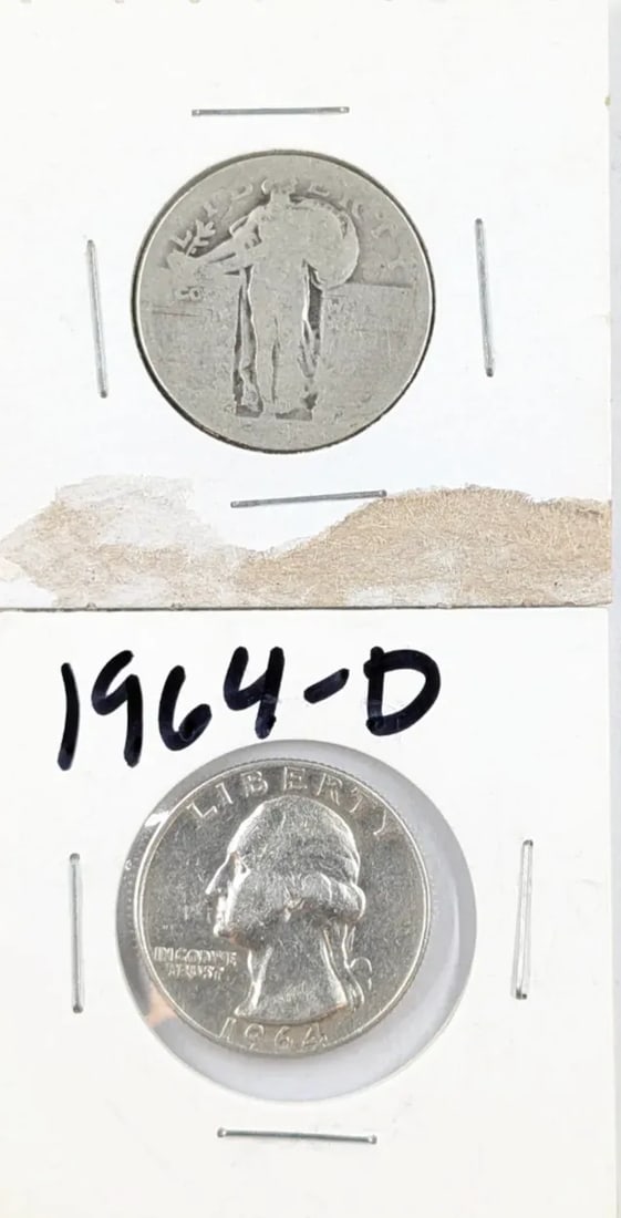 Lot of 2 Silver Quarters- No Date Standing, 1964-D Washington: Silver