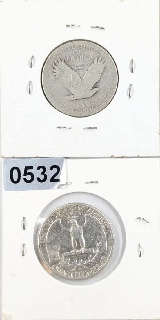 Lot of 2 Silver Quarters- No Date Standing, 1964-D Washington - 2