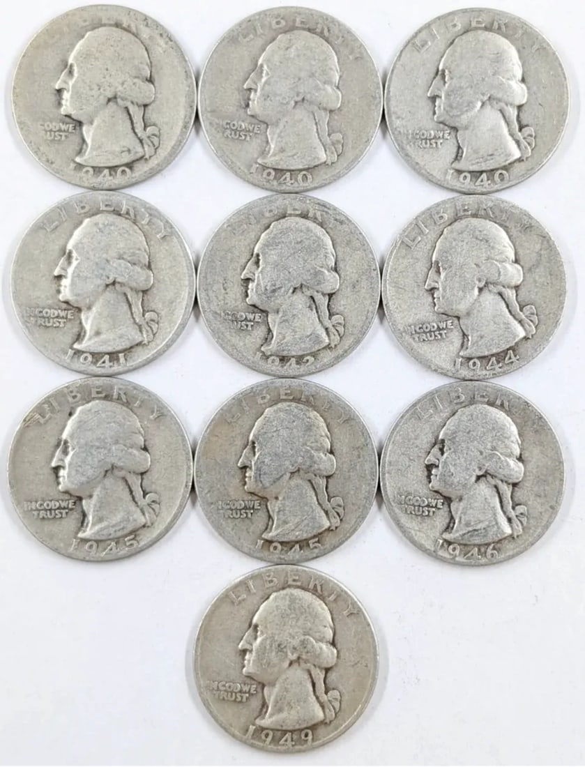 Lot of 10 Silver Quarters- 1940- 1949: Silver