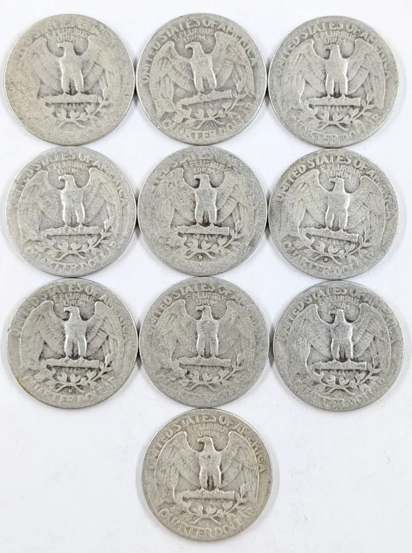 Lot of 10 Silver Quarters- 1940- 1949 - 2