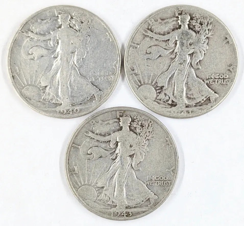 Lot of 3 Silver Walking Liberty Half Dollars - 1940, 1941, 1943: Silver