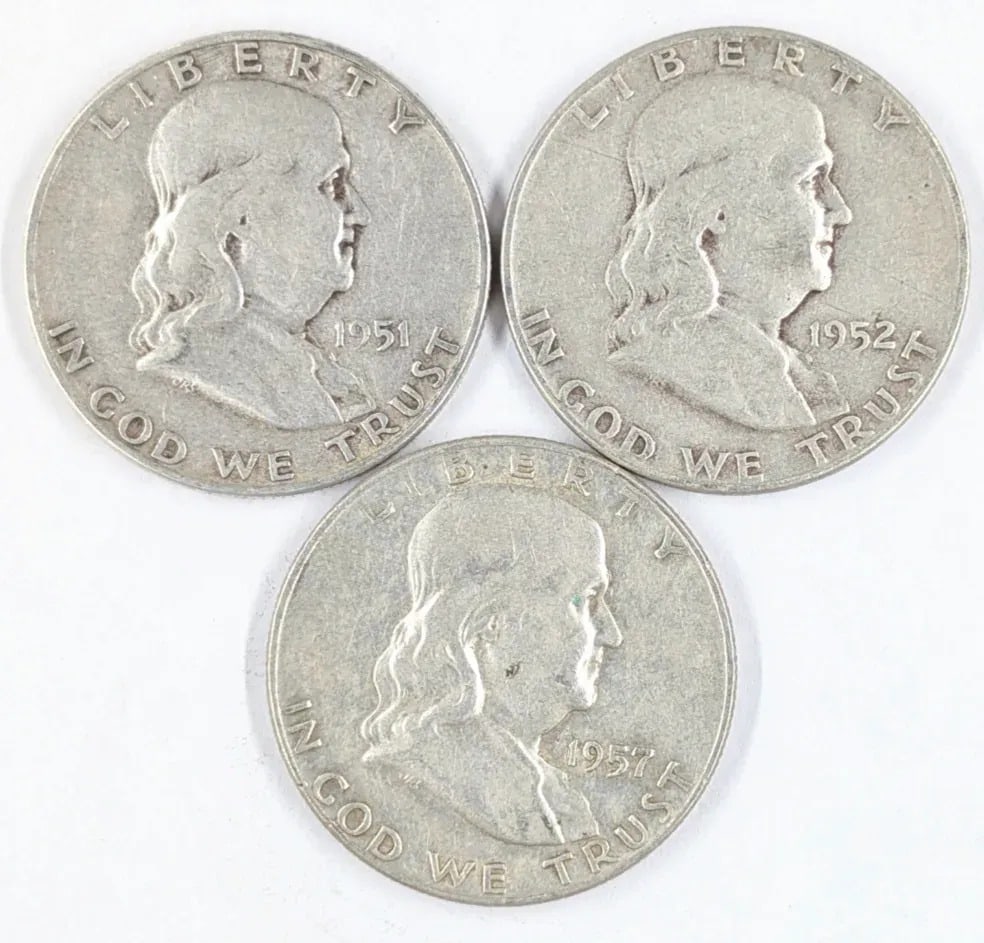 Lot of 3 Silver Franklin Half Dollars - 1951-S, 1952, 1957-D: Silver