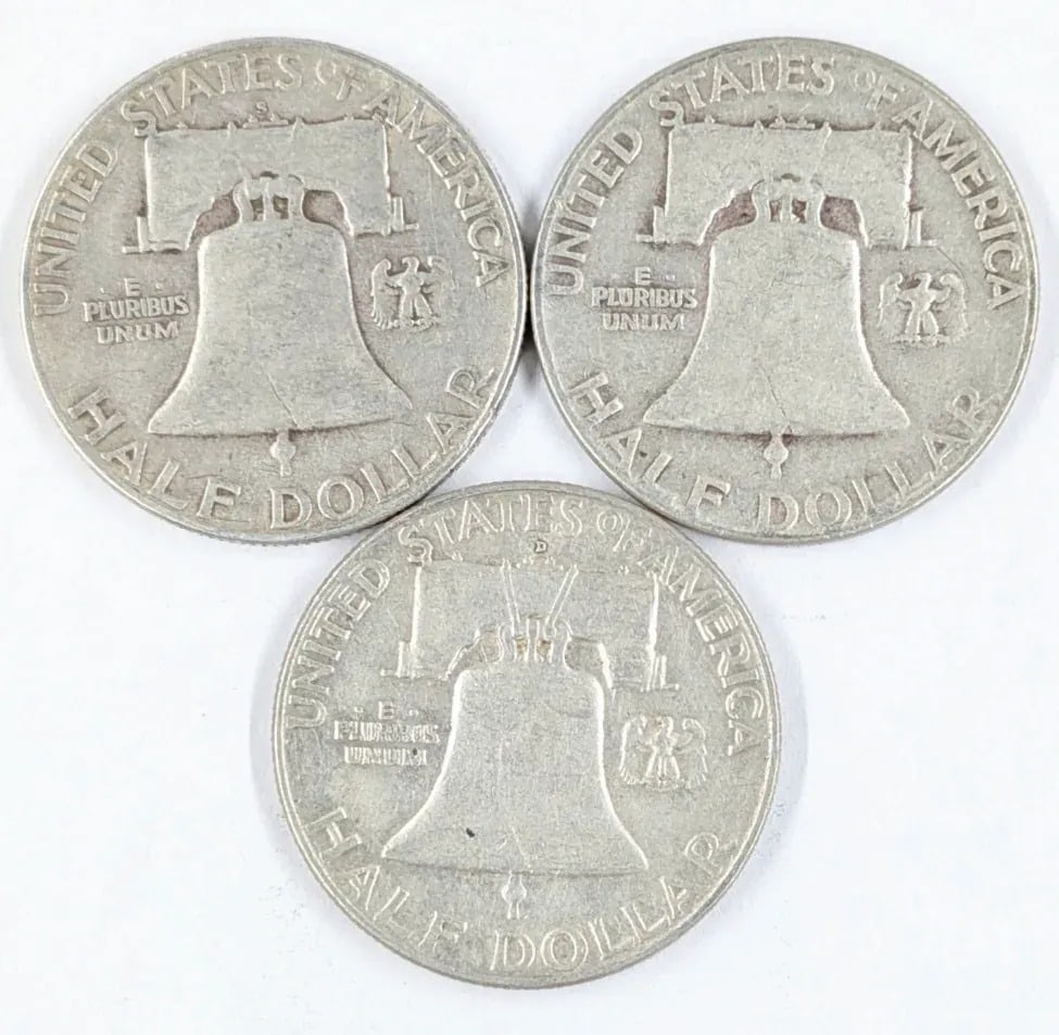 Lot of 3 Silver Franklin Half Dollars - 1951-S, 1952, 1957-D - 2