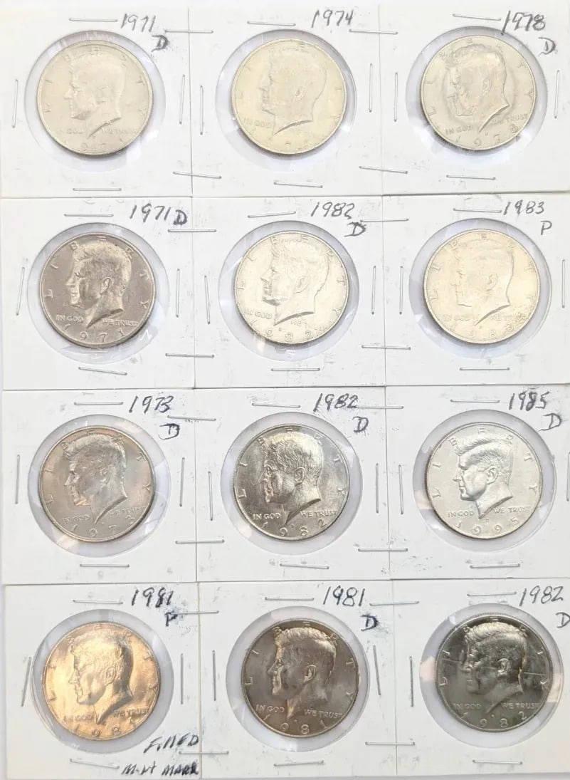 Lot of 12 John F Kennedy Half Dollars- 1971-1985: Some Uncirculated