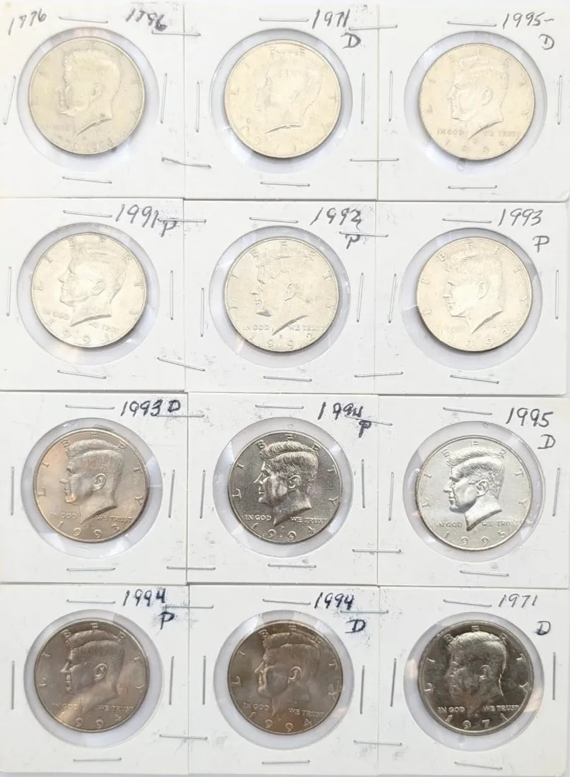 Lot of 12 John F Kennedy Half Dollars- 1971-1995 (1 of 2)