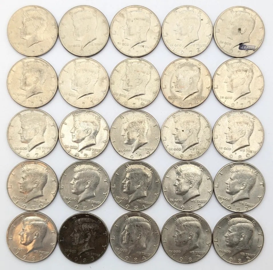 Lot of 25 John F Kennedy Half Dollars- 1971-1985: Some Uncirculated
