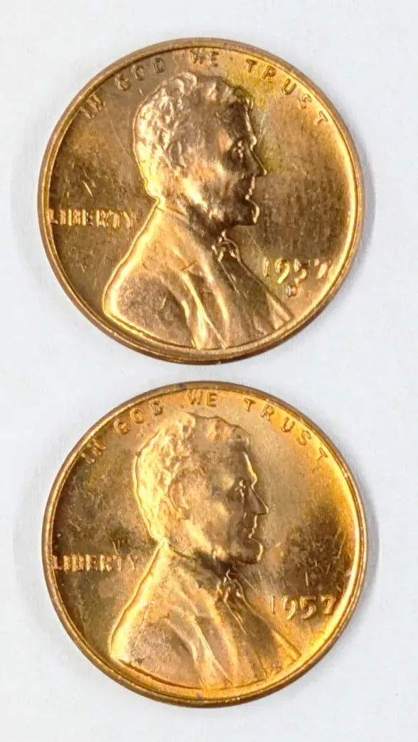Lot of 2 Uncirculated Lincoln Cents- 1957-D/P: Coin