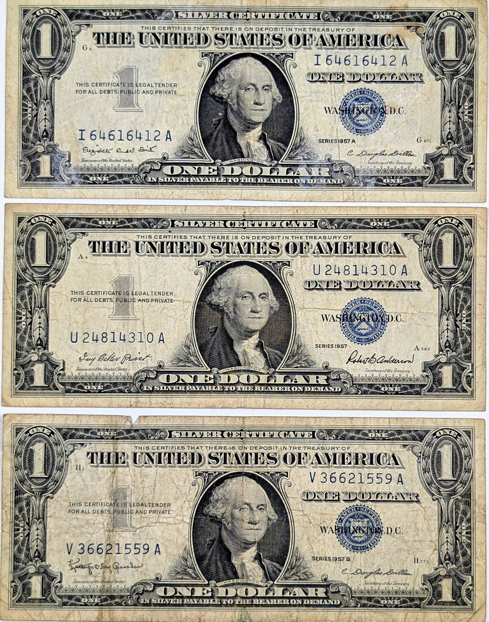 Lot of 3- 1957 $1 Notes - Silver Certificates: Circulated Condition