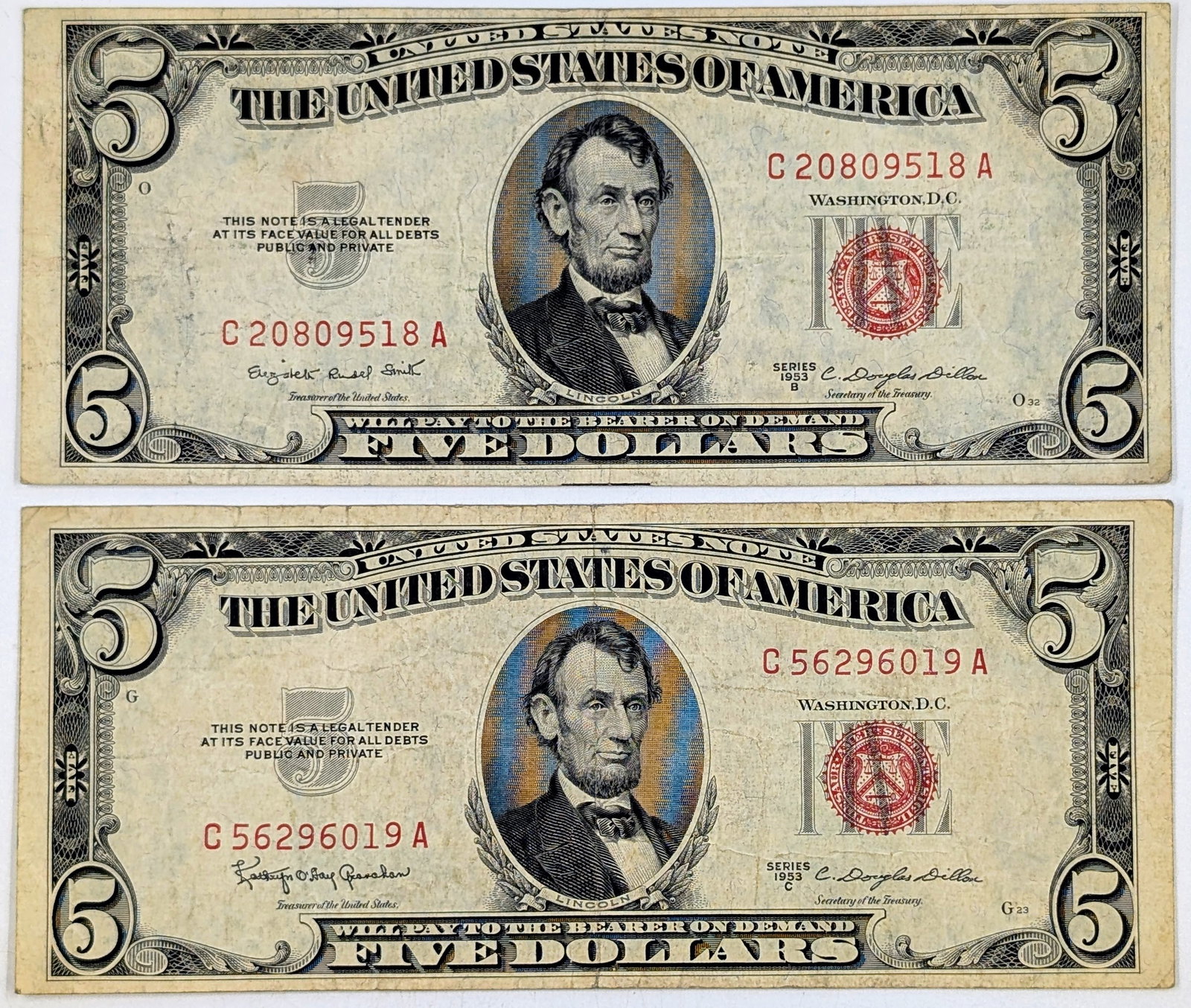 Lot of 2- 1953 $5 Notes - Red Seals: Circulated Condition