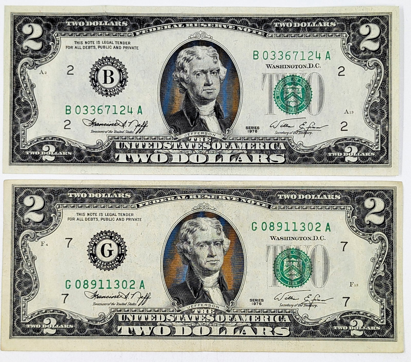 Lot of 2- 1976 $2 Notes - Green Seals: Crisp/Excellent Condition