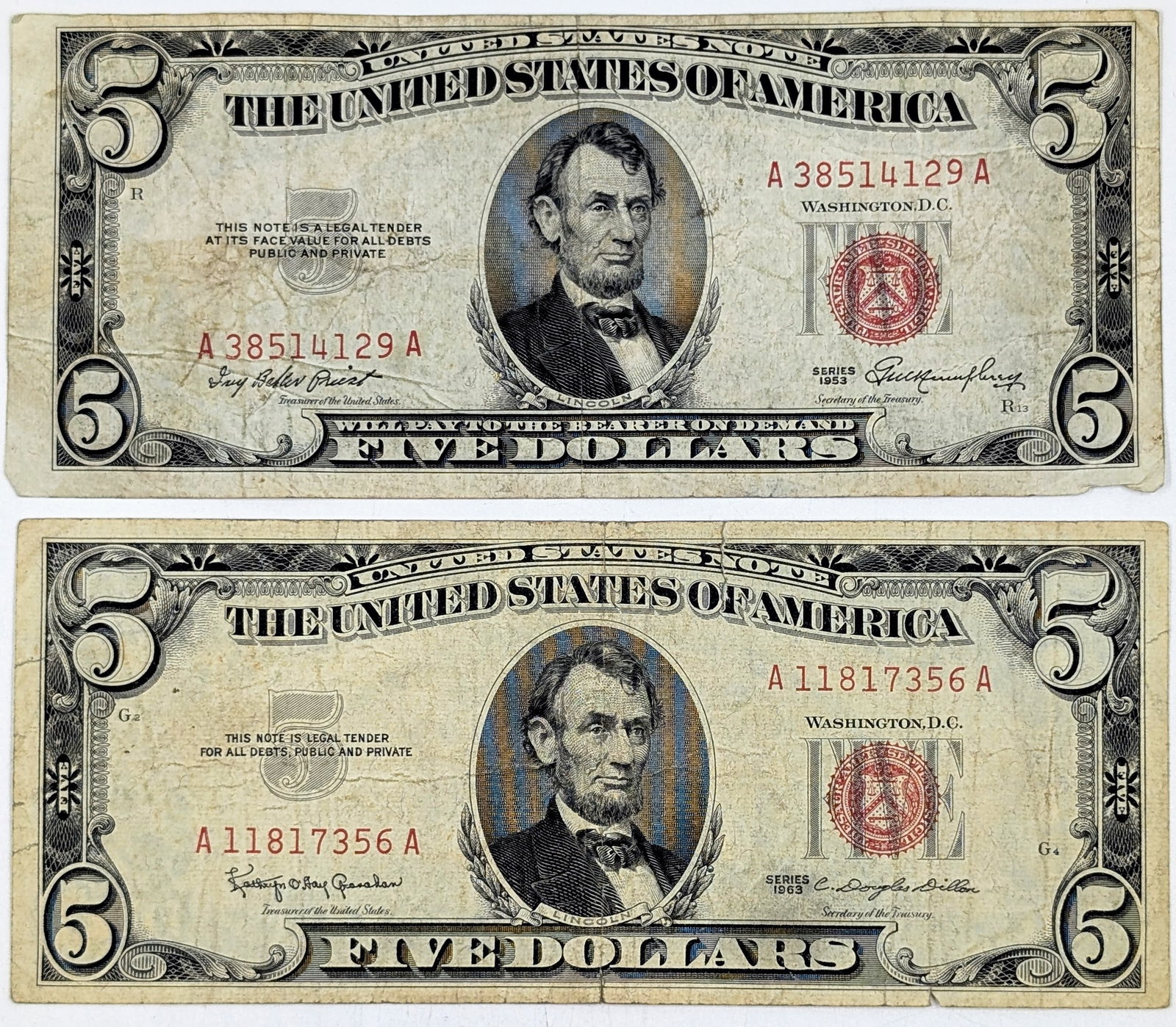 Lot of 2- $5 Notes - Red Seals- 1953, 1963: Circulated Condition
