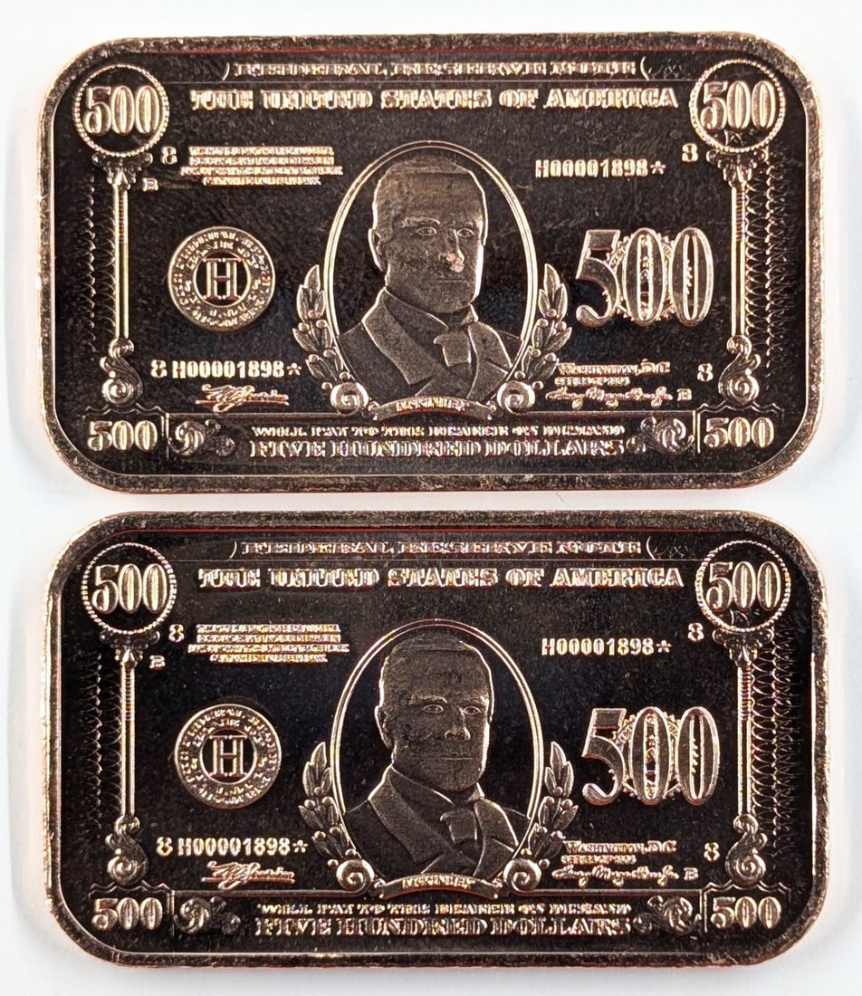 Lot of 2 - 1 Ounce (each) Fine .999 Copper Bars - 500 Design: _