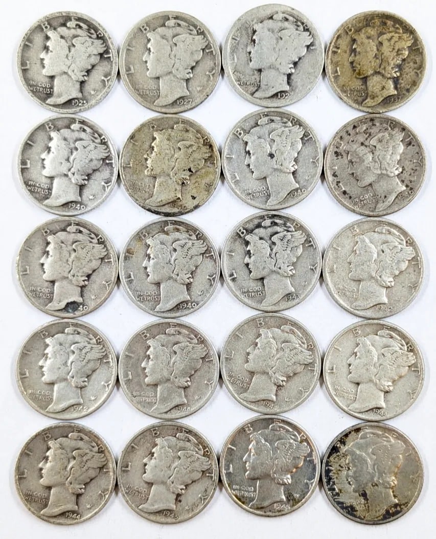 Lot of 20 Silver Mercury Dimes- 1925-1945: Silver