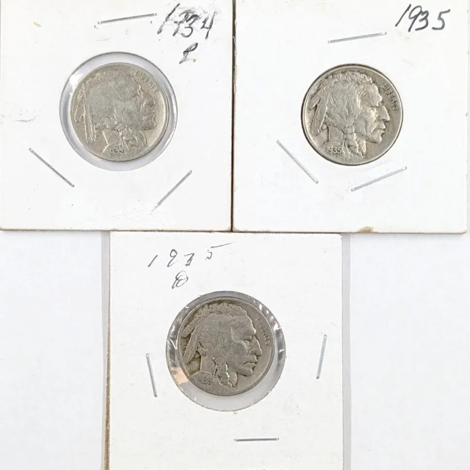 Lot of 3 Buffalo Head Nickels- 1934, 1935 P/D: Coin