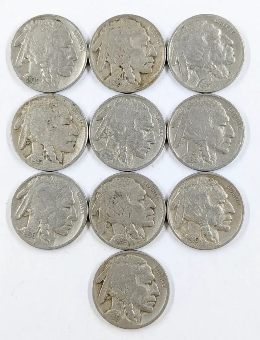 Lot of 10 Buffalo Head Nickels- 1930-1937: Coin
