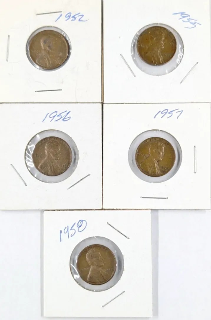 Lot of 5 Lincoln Wheat Cents- 1952-1958: Coin
