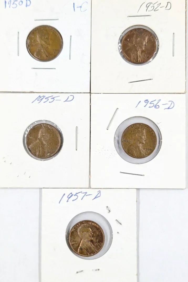 Lot of 5 Lincoln Wheat Cents- 1950-1957: Coin