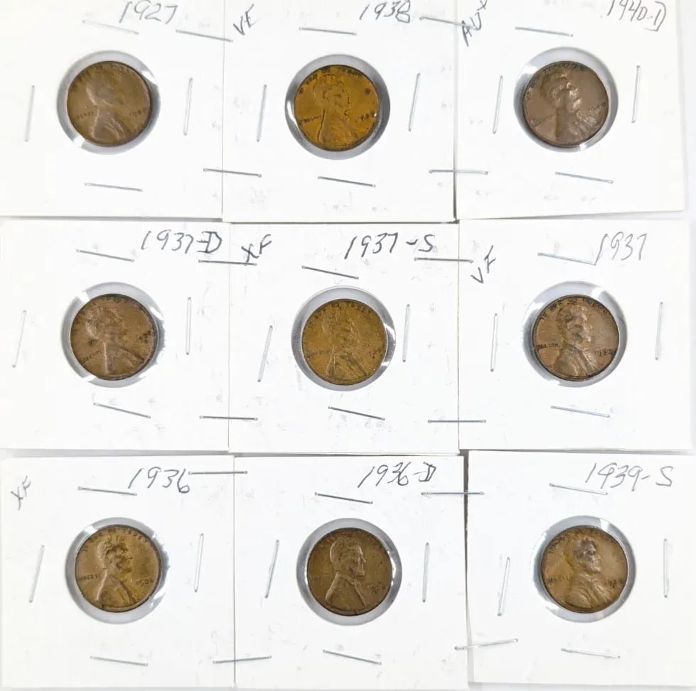Lot of 9 Lincoln Wheat Cents- 1927-1939: Coin