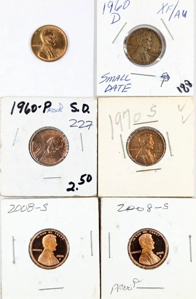 Lot of 6 Lincoln Cents- 1960-2008: Coin