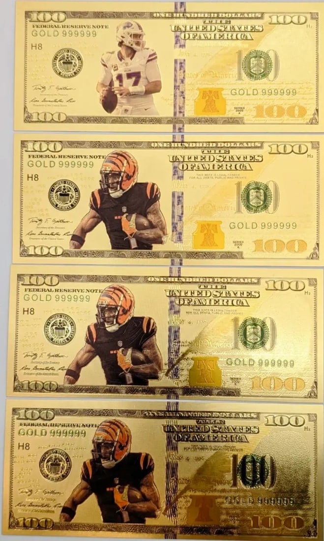 Lot of 4 Bengals & Bills Gold foil $100 design: _