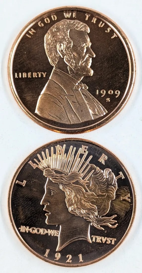 Lot of 2 - 1 Ounce (each) Fine .999 Copper Rounds - Lincoln, Peace: _