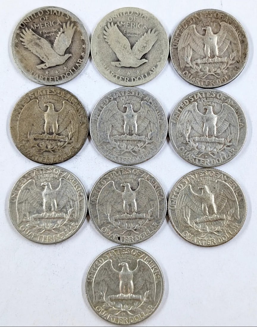 Lot of 10 Silver Quarters - 2 Standings, 8 Washingtons - 2